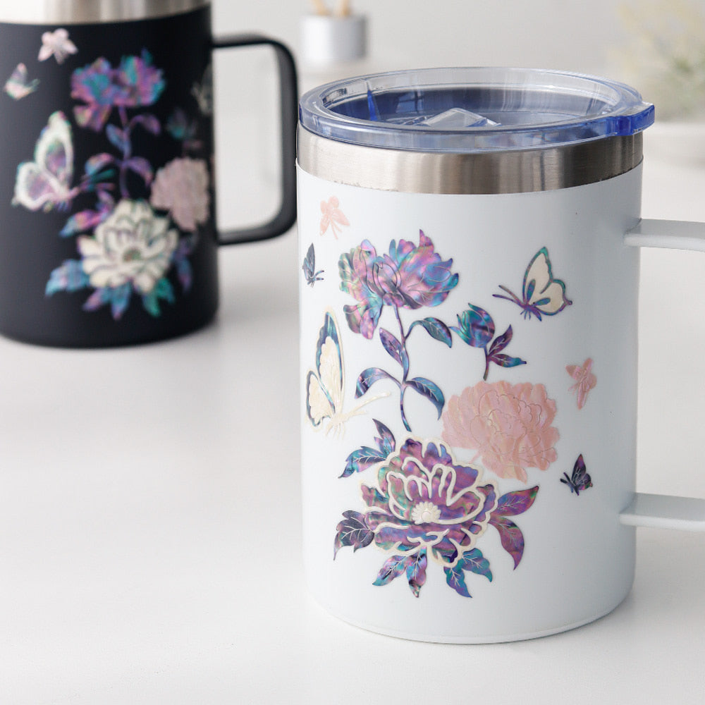 Najeonchilgi Stainless Steel Mug with Butterfly and Peony, 460 ml