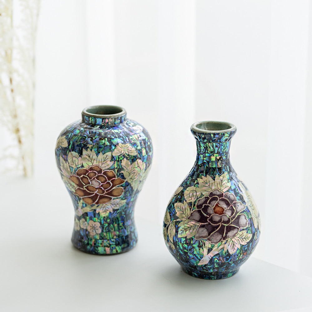 Premium Natural Mother-of-Pearl Celadon Maebyeong Vase with Peony Design