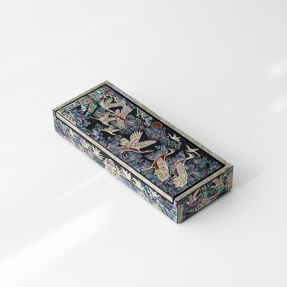 Premium Najeonchilgi Auto Open Crane and Pine Mother-of-Pearl Pen Box