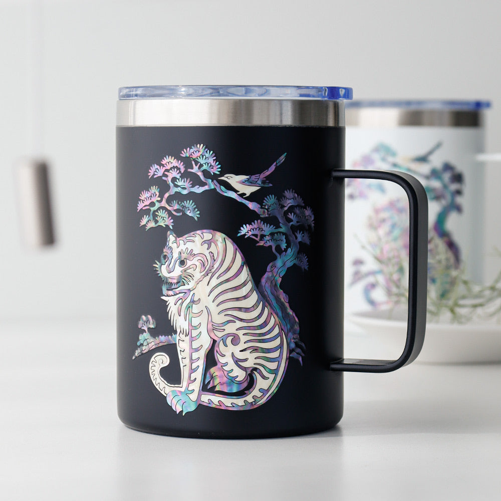 Najeonchilgi Stainless Steel Mug with Magpie and Tiger, 460 ml