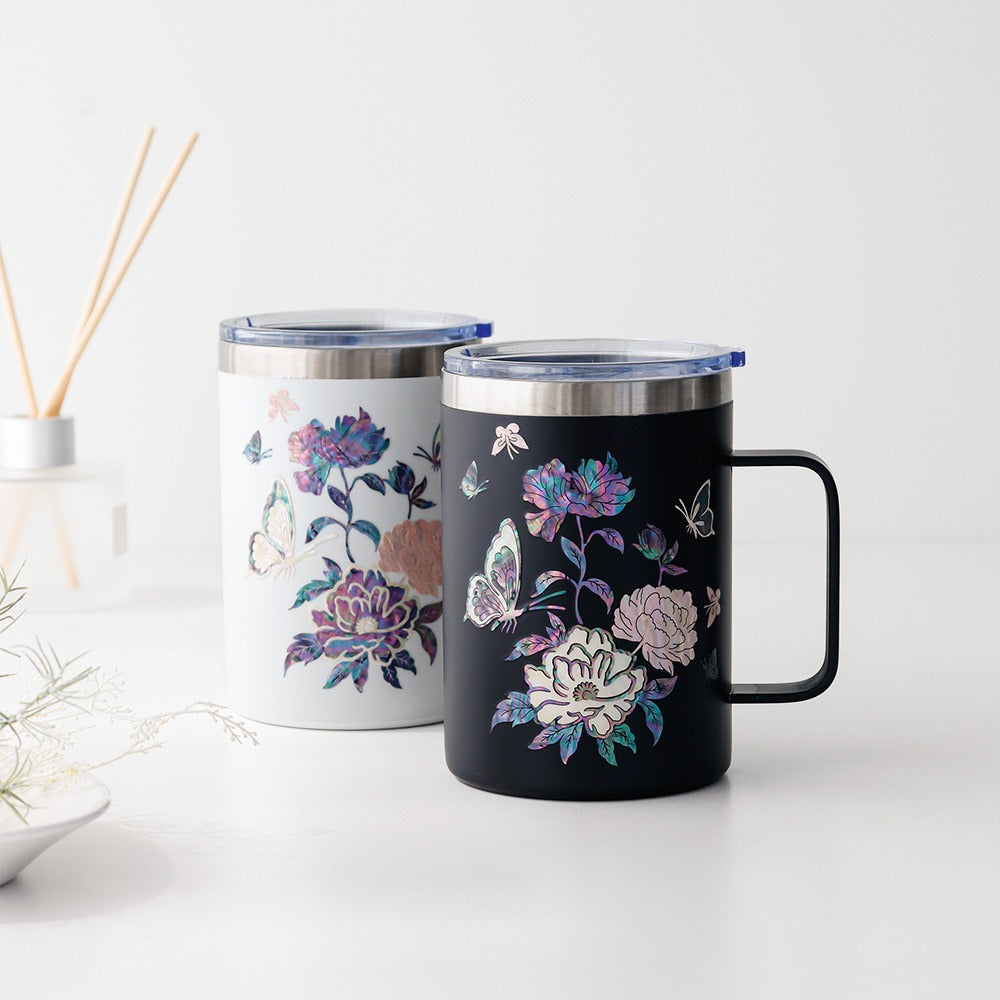 Najeonchilgi Stainless Steel Mug with Butterfly and Peony, 460 ml