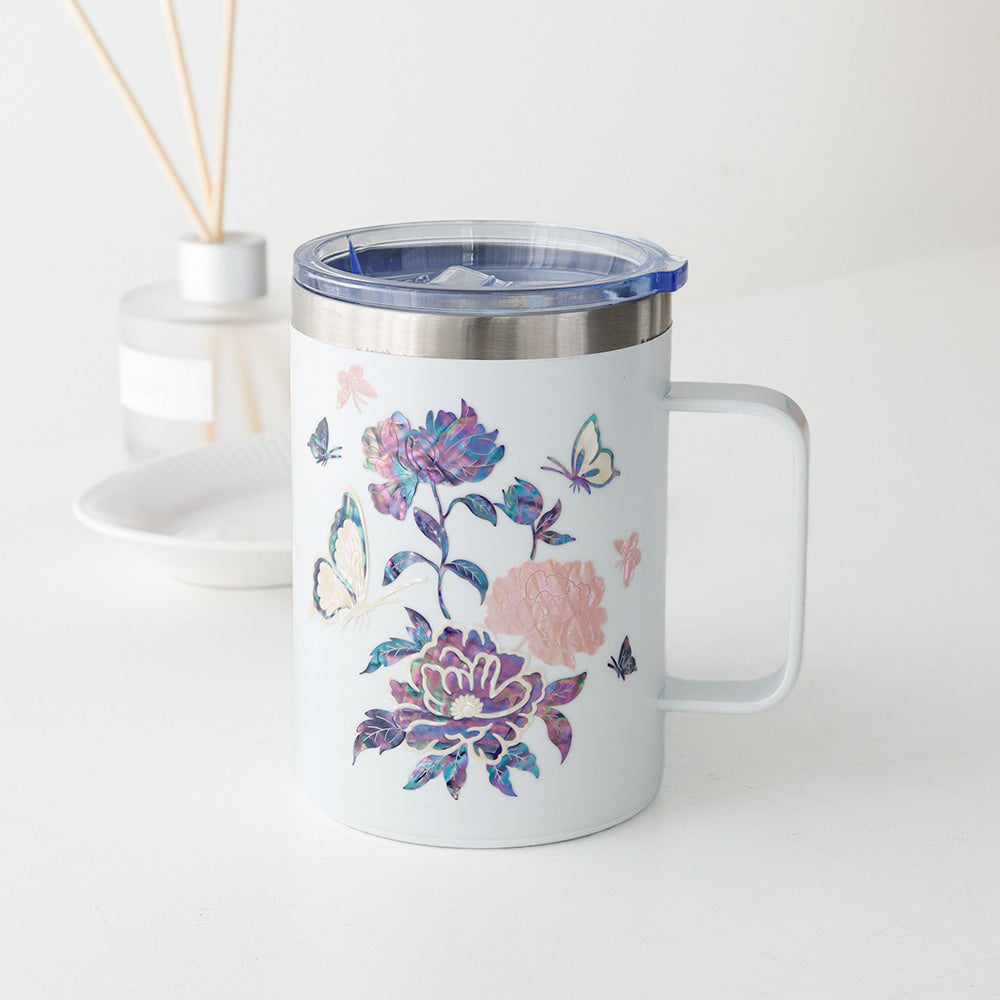 Najeonchilgi Stainless Steel Mug with Butterfly and Peony, 460 ml