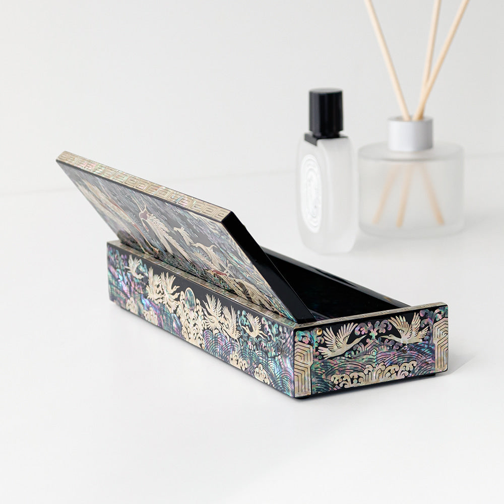 Premium Najeonchilgi Auto Open Crane and Pine Mother-of-Pearl Pen Box