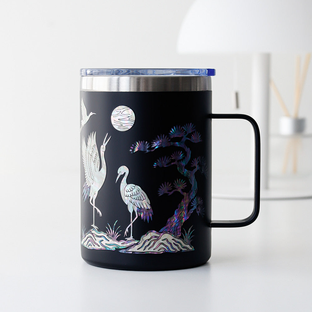 Najeonchilgi Stainless Steel Mug with Crane and Pine, 460 ml