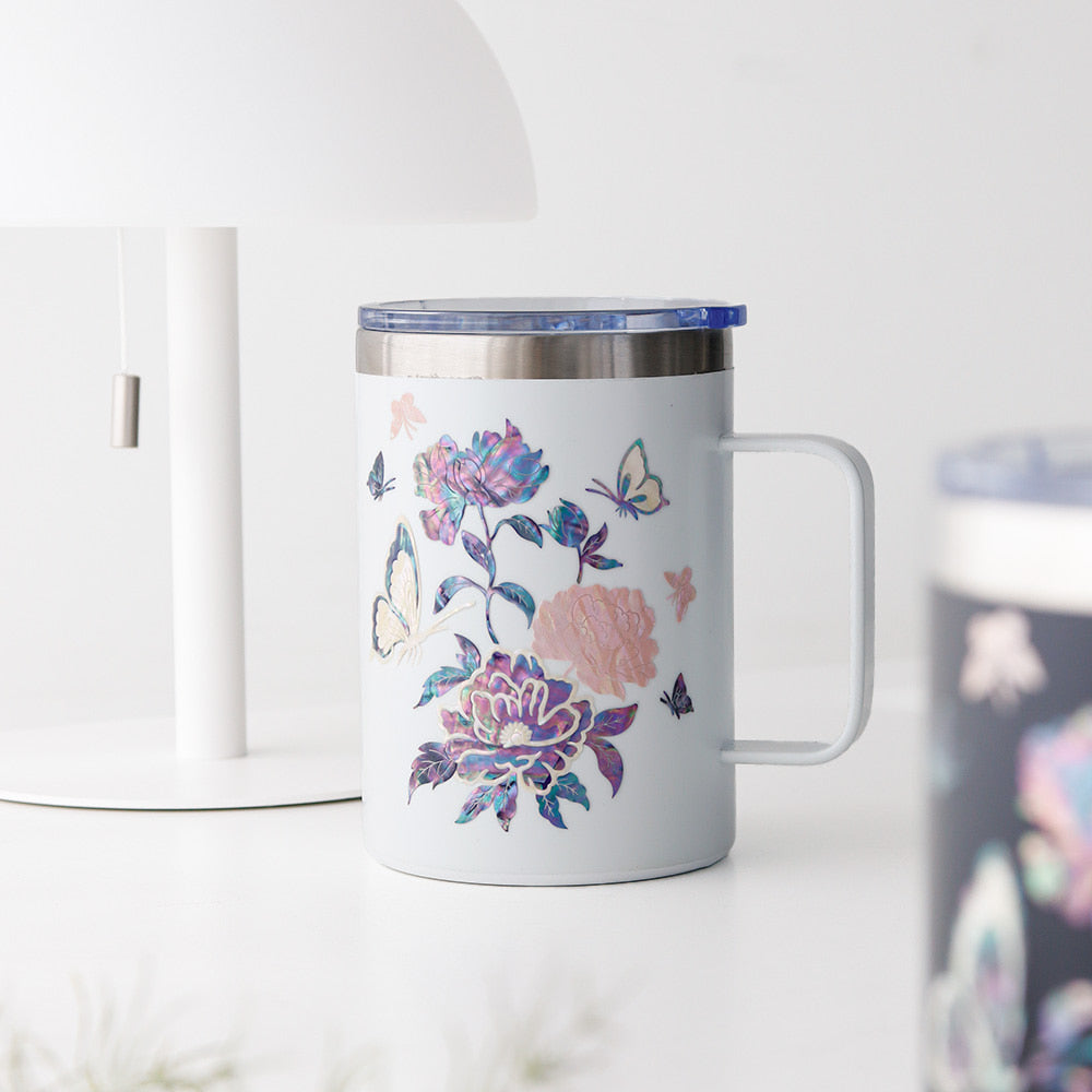 Najeonchilgi Stainless Steel Mug with Butterfly and Peony, 460 ml
