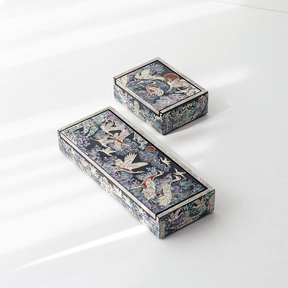 Premium 2-Piece Najeonchilgi Auto Open Crane and Pine Pen Box and Business Card Box