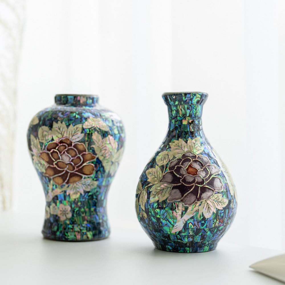 Premium Natural Mother-of-Pearl Celadon Maebyeong Vase with Peony Design
