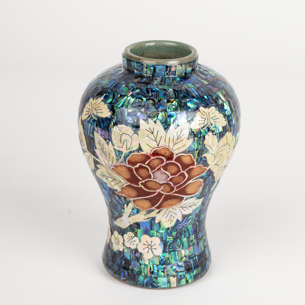 Premium Natural Mother-of-Pearl Celadon Maebyeong Vase with Peony Design