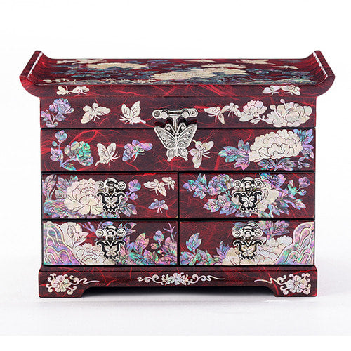Peony Scholar 5-Drawer Mother of Pearl Jewelry Box Medium, red hanji – front view