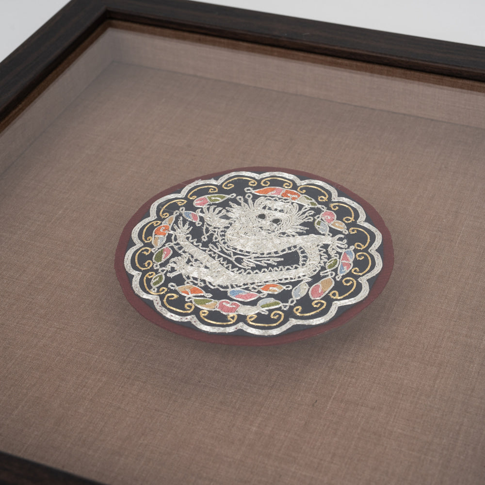 Traditional Royal Dragon Emblem Embroidery Frame, Silver Thread