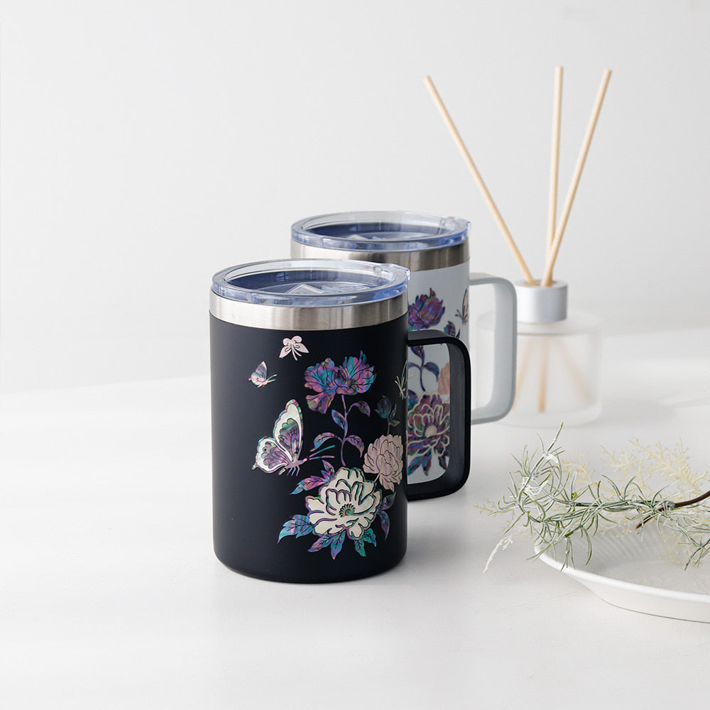 Najeonchilgi Stainless Steel Mug with Butterfly and Peony, 460 ml