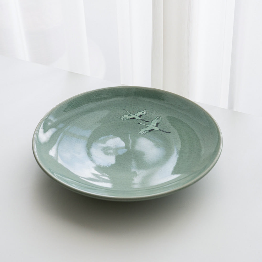 Celadon Plate with Twin Crane Design - Kim Young-su