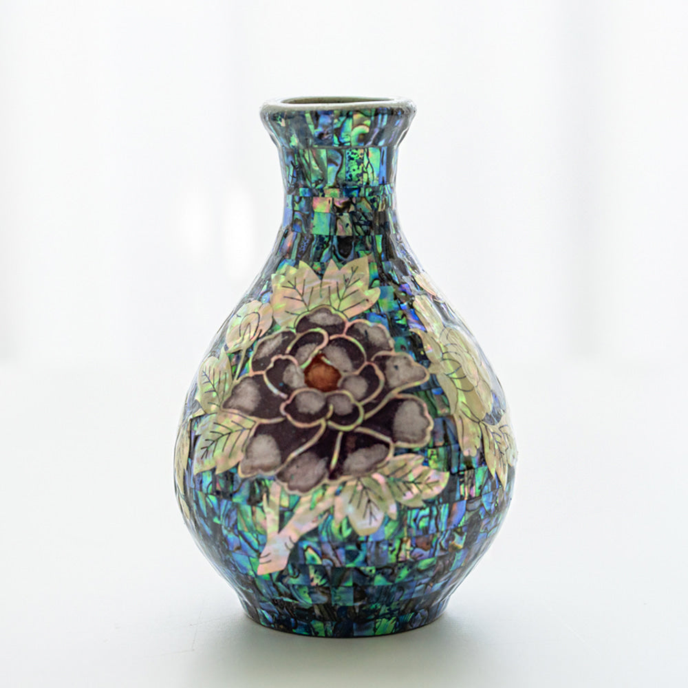 Premium Natural Mother-of-Pearl Celadon Maebyeong Vase with Peony Design