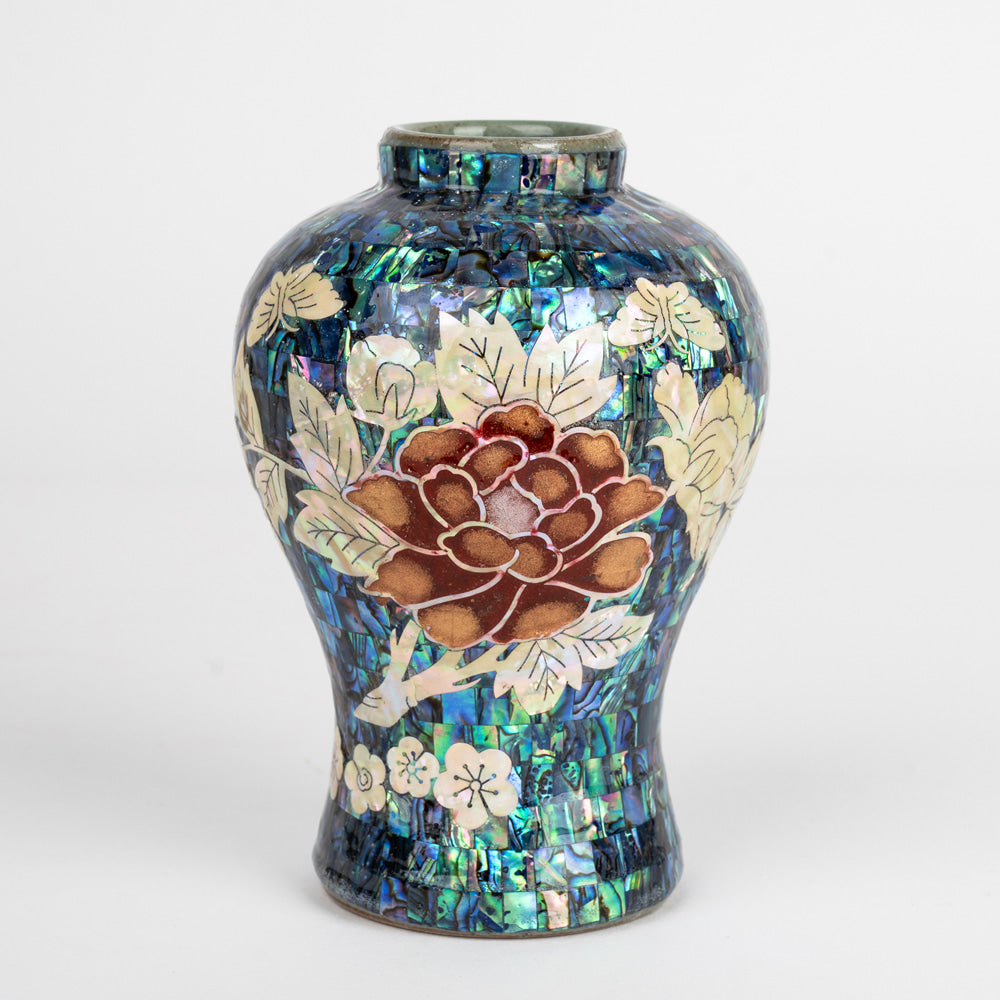 Premium Natural Mother-of-Pearl Celadon Maebyeong Vase with Peony Design