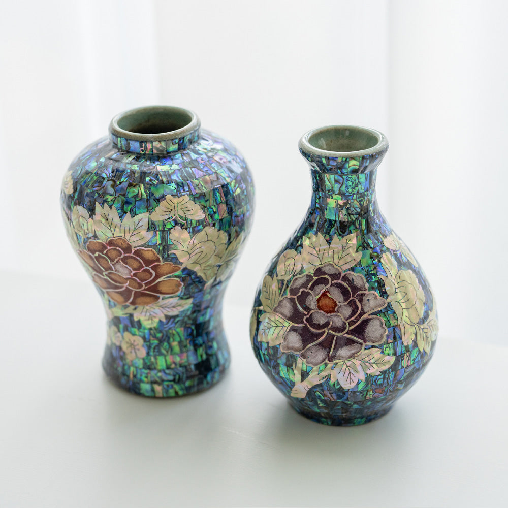 Premium Natural Mother-of-Pearl Celadon Maebyeong Vase with Peony Design