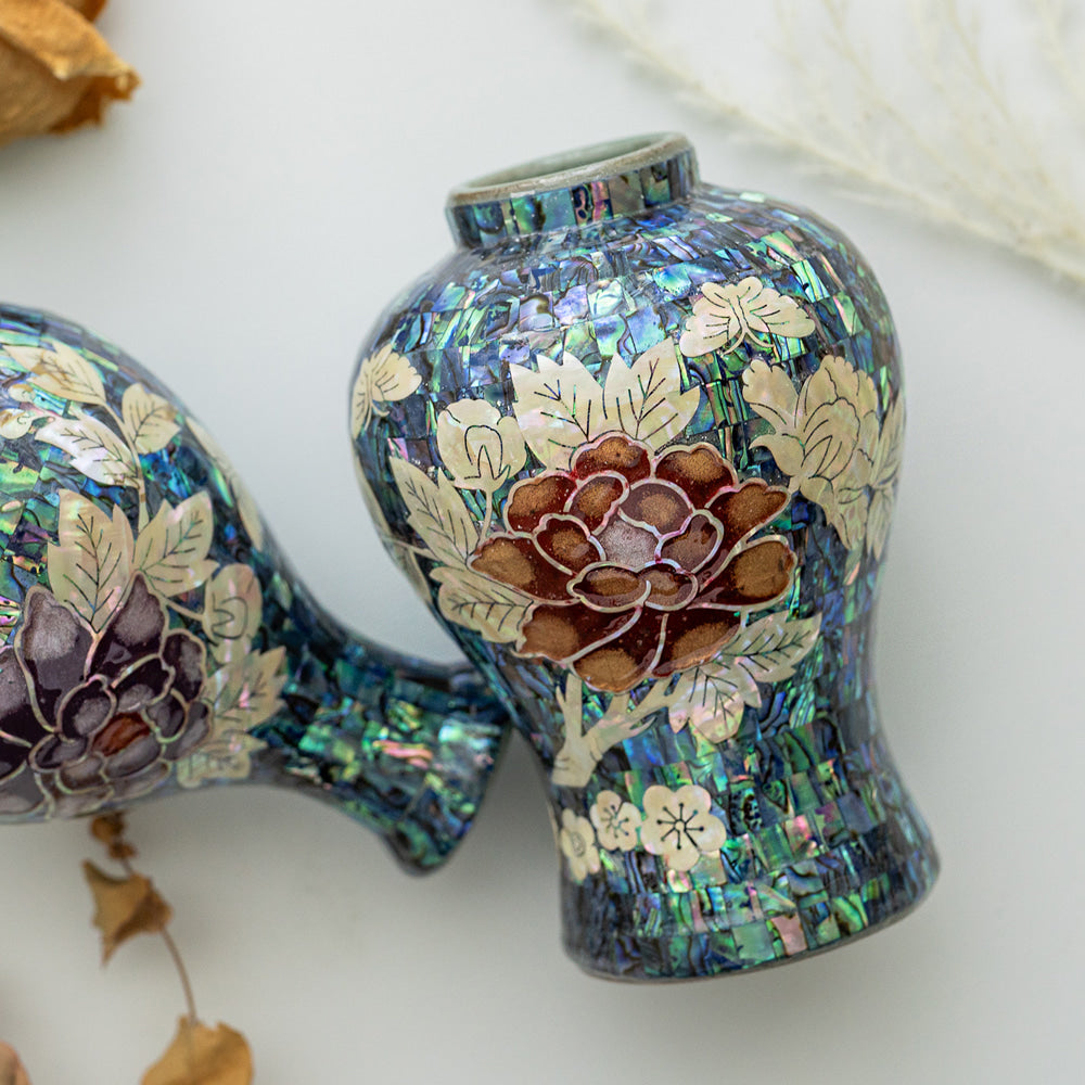 Premium Natural Mother-of-Pearl Celadon Maebyeong Vase with Peony Design