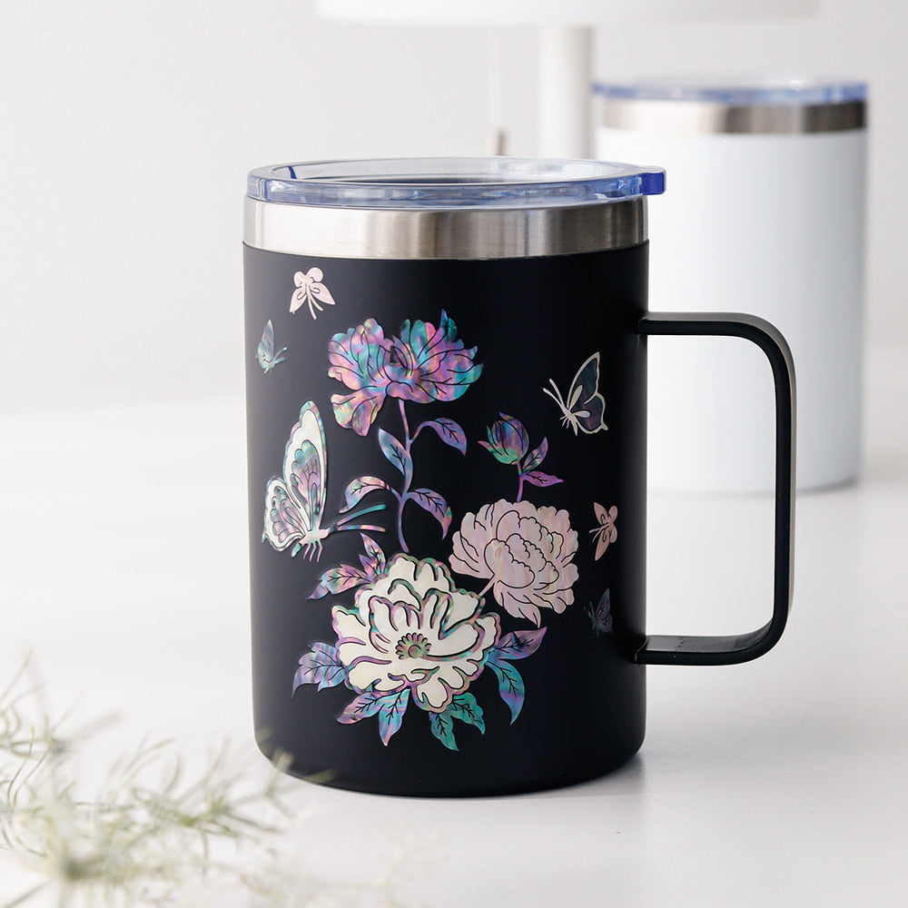 Najeonchilgi Stainless Steel Mug with Butterfly and Peony, 460 ml