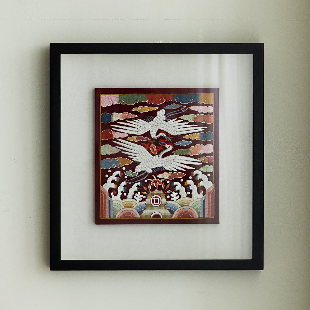 Traditional Embroidered Twin Crane Hyungbae Framed Art - Han Sang-soo