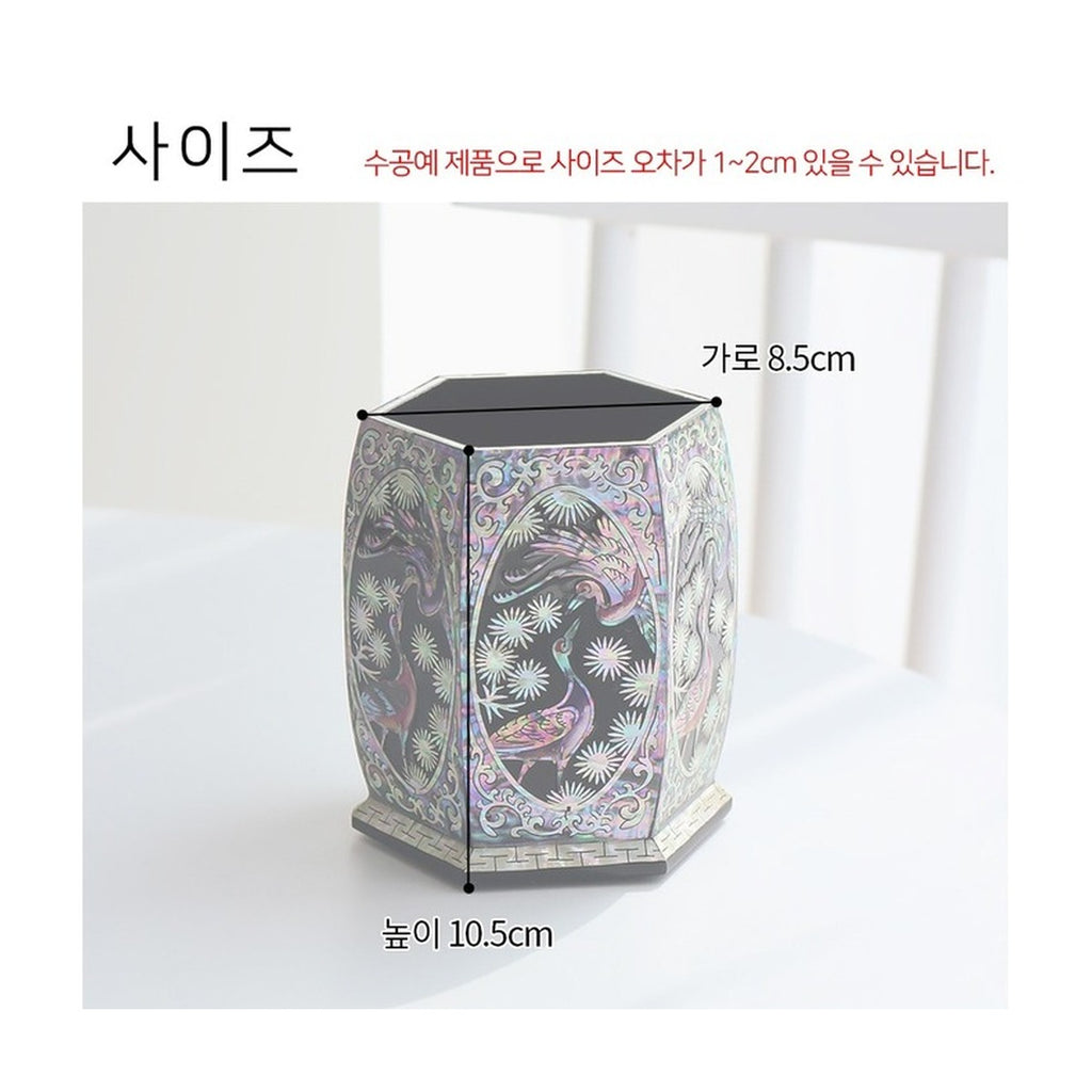 Premium Najeon Hexagonal Pine & Crane Black Pen Holder Pencil Holder (Master Artisan Jang Tae-bok) – product dimensions and size guide [KS-DIM:P0000DRM:ebc076b86242]