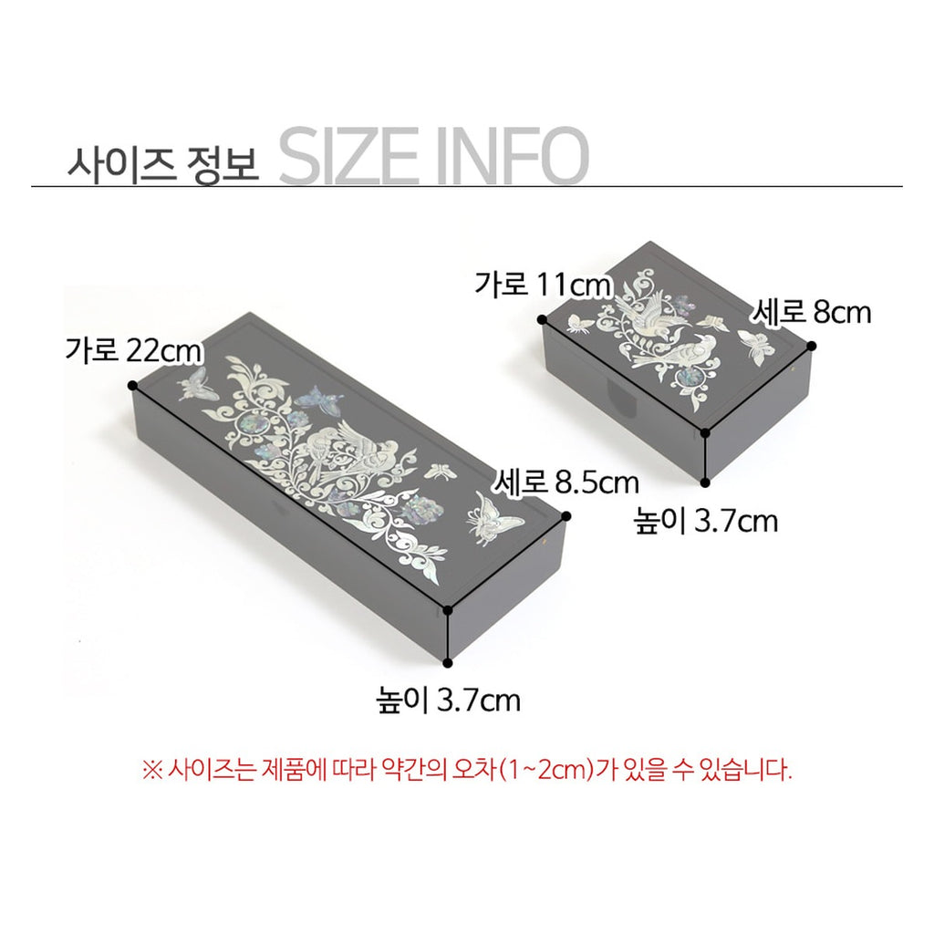 Najeonchilgi 2 Bell Birds & Flowers Mother of Pearl Business Card Case & Pen Case (Auto-Open) – product dimensions and size guide [KS-DIM:P0000UIO:7649949a526f]