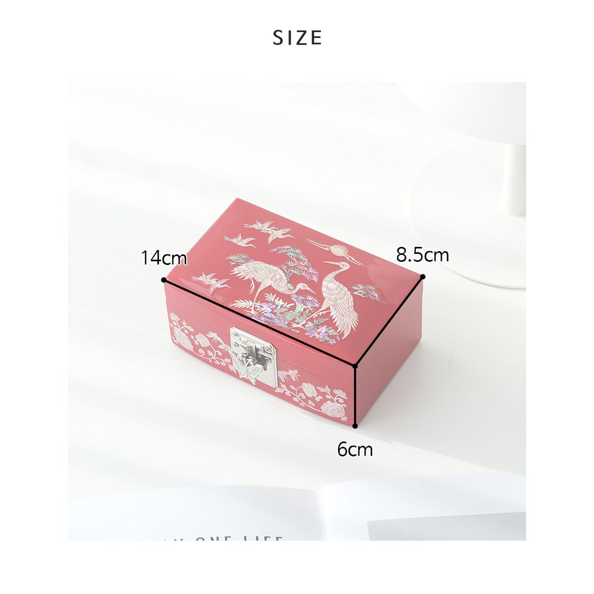 Najeonchilgi Rounded Mother of Pearl Jewelry Box Pine & Crane, 14 cm – product dimensions and size guide [KS-DIM:P0000VCJ:dd303a33d2a8]