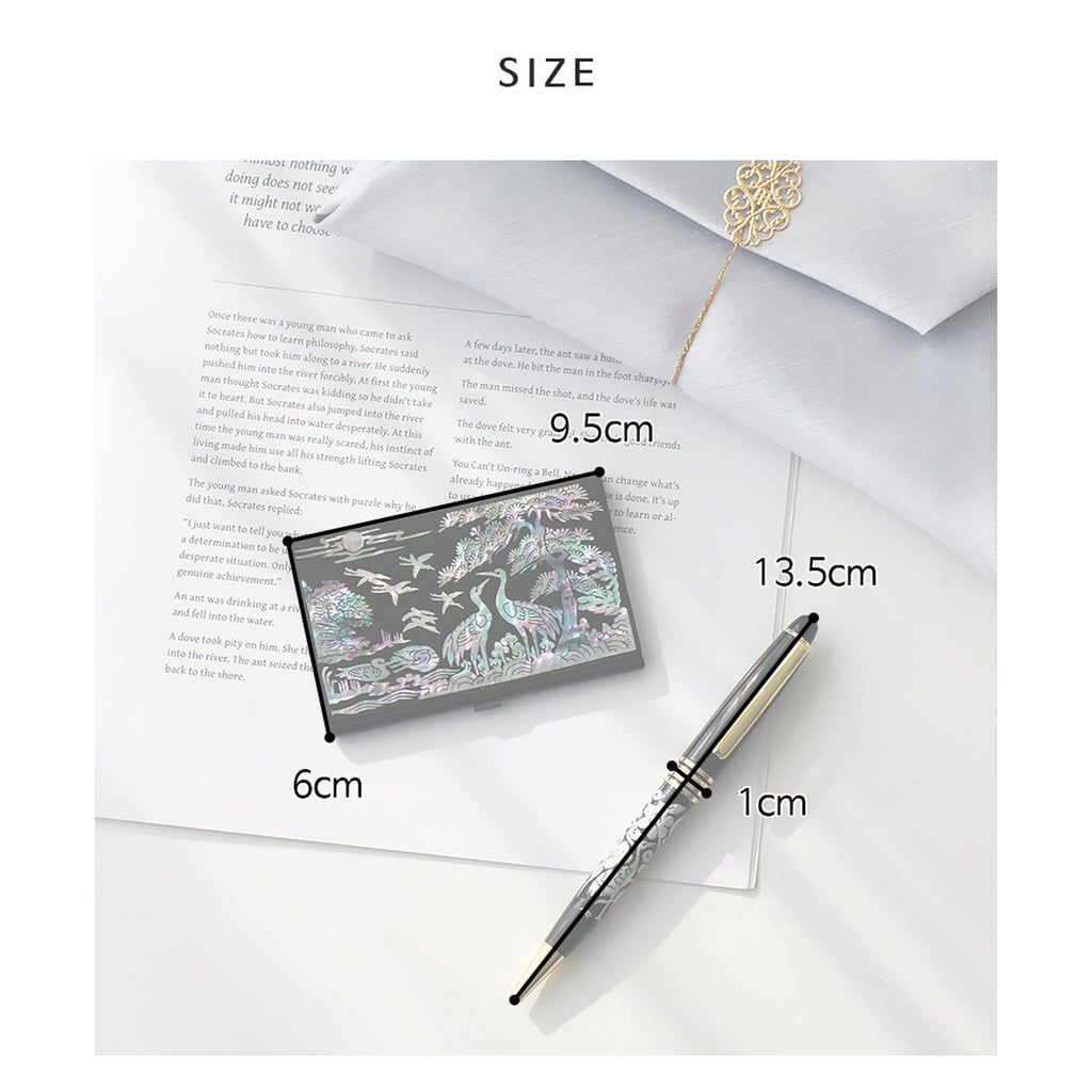 2-Piece Set: Carved Business Card Case K Mother of Pearl Pen Set – product dimensions and size guide [KS-DIM:P0000WDV:21432f2f7801]