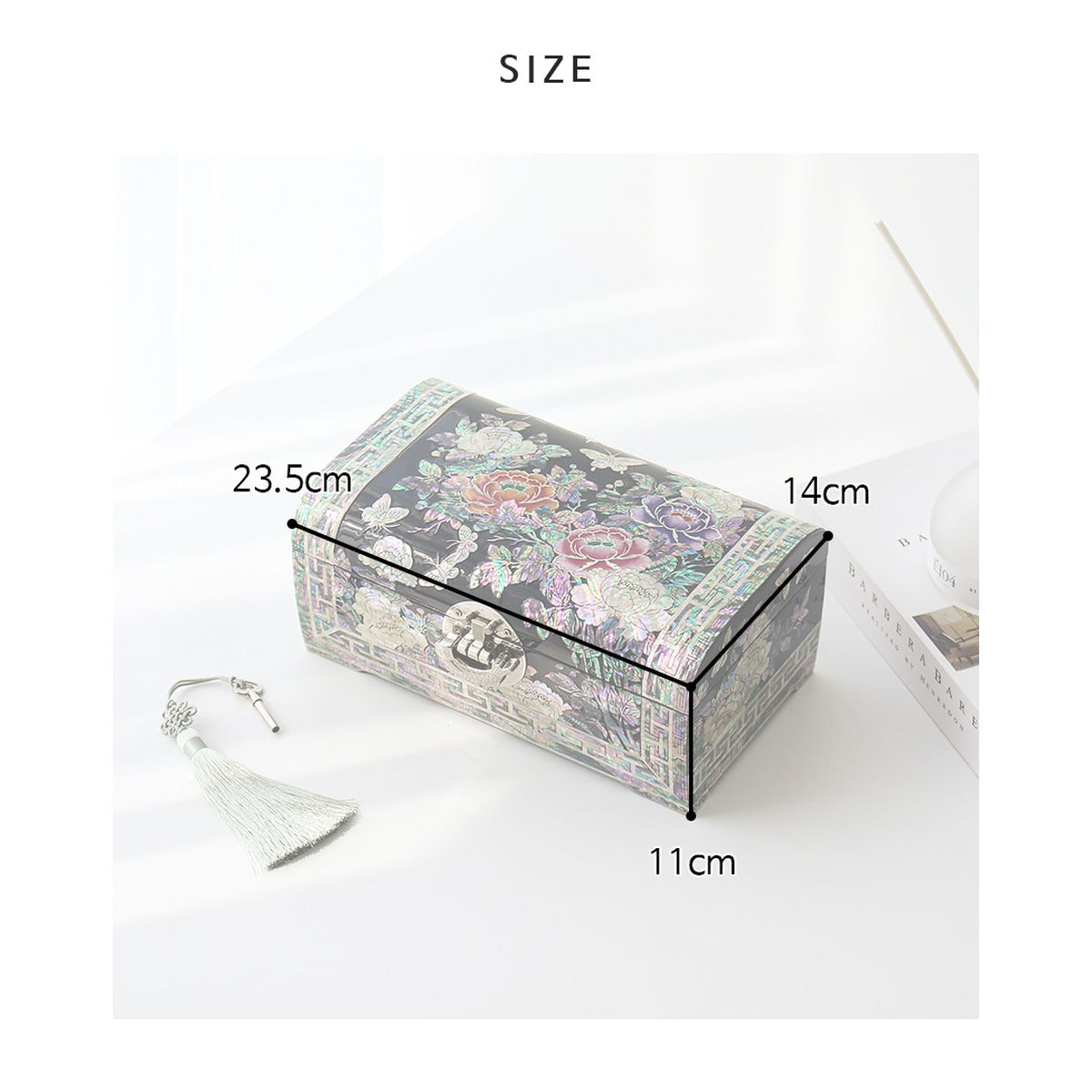 Najeonchilgi Painted Peony of Wealth Rounded Mother of Pearl Jewelry Box, 24 cm – product dimensions and size guide [KS-DIM:P0000XNX:ed810cf09fcb]