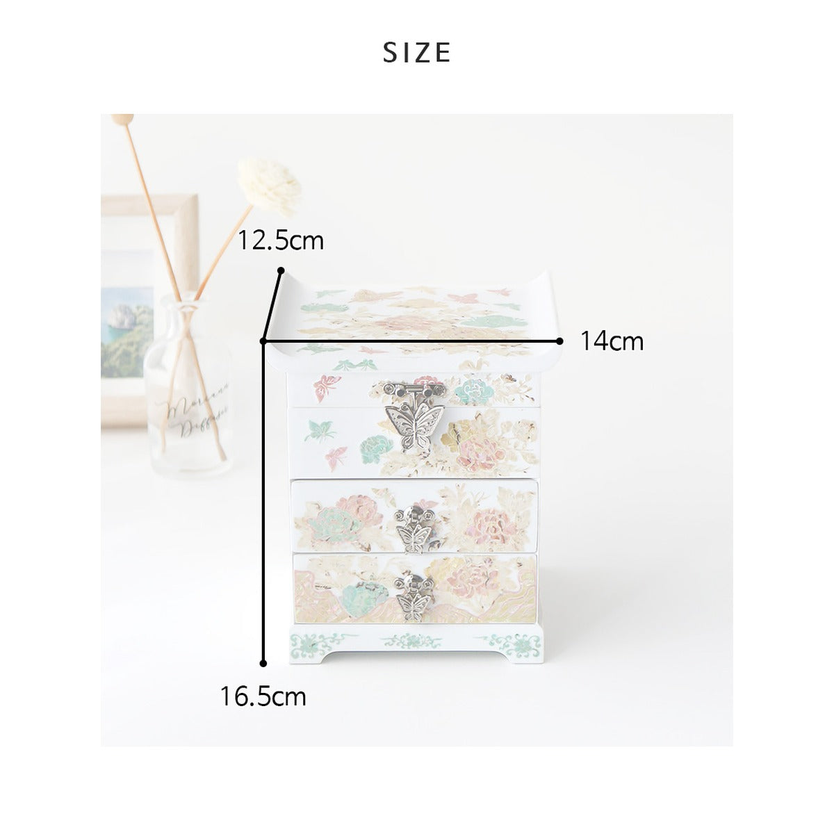 Najeonchilgi Peony White Drawer Mother of Pearl Jewelry Box – product dimensions and size guide [KS-DIM:P0000XOB:6b35df7fb451]