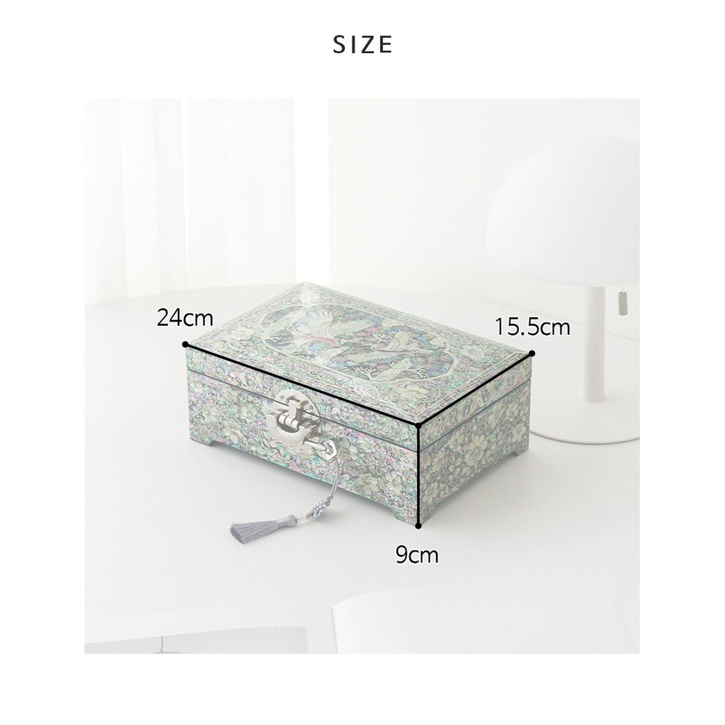Najeonchilgi 2 Tier Joseon Style Mother of Pearl Jewelry Box Pine & Crane Black, 24 cm (Master Artisan Jang Tae-bok) – product dimensions and size guide [KS-DIM:P0000XTQ:4ccc2ef3f6a5]