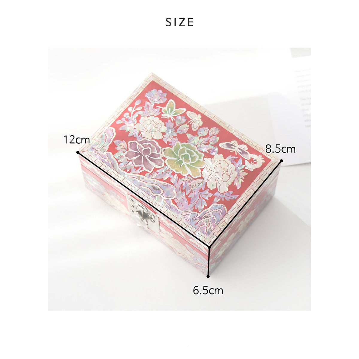 Najeonchilgi Peony & Butterfly Mini Mother of Pearl Jewelry Box, 12 cm – product dimensions and size guide [KS-DIM:P0000YBC:48fea82d8cbe]