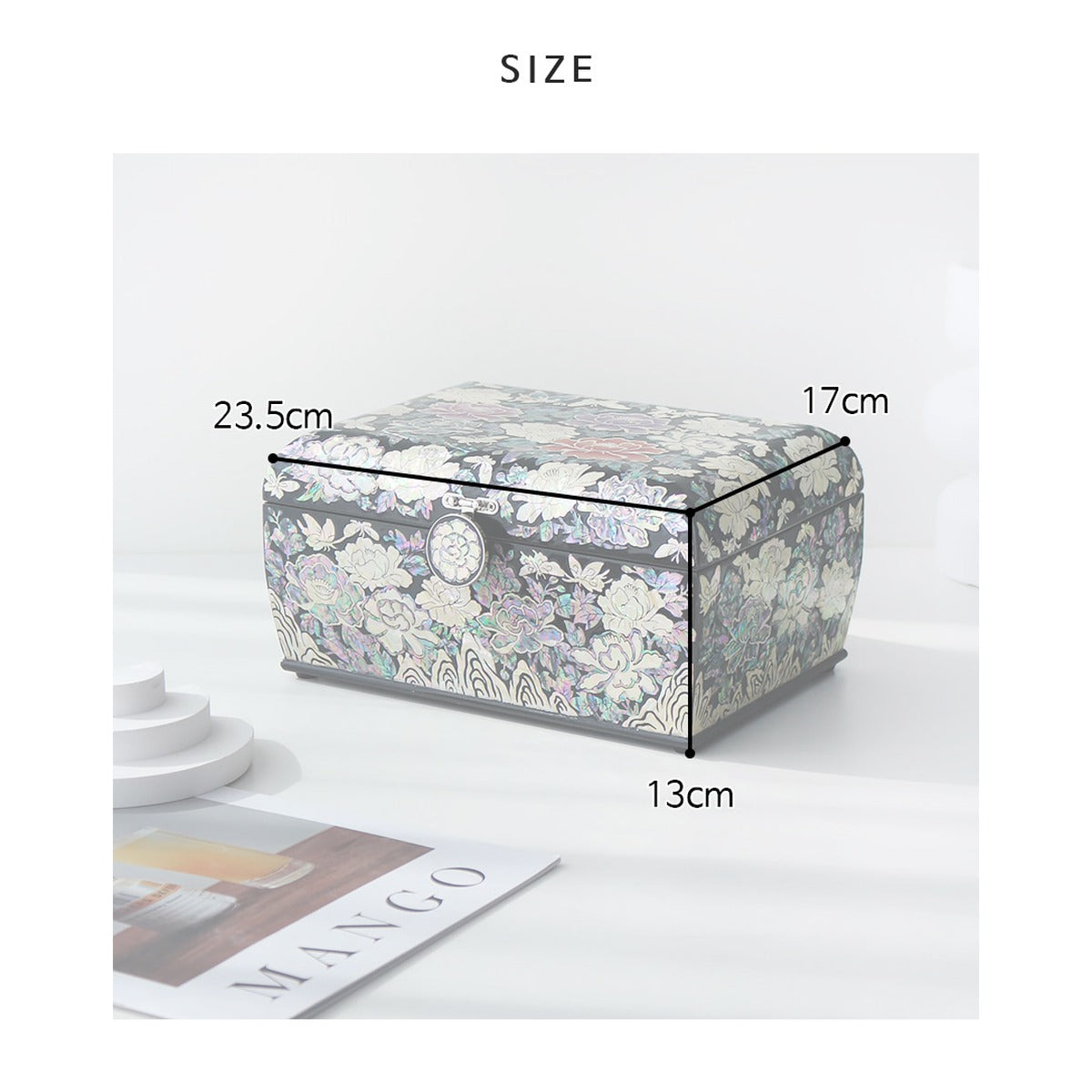 Najeonchilgi Peony Rounded Mother of Pearl Jewelry Box, 24 cm – product dimensions and size guide [KS-DIM:P0000YBW:f7b0afd9943e]