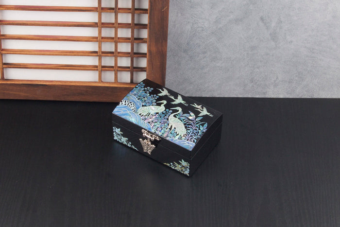 Hanji Base Jewelry Box (Magnolia, Pair of Crane Motif) - Red, Black, Blue, Purple