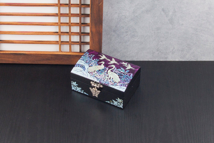 Hanji Base Jewelry Box (Magnolia, Pair of Crane Motif) - Red, Black, Blue, Purple