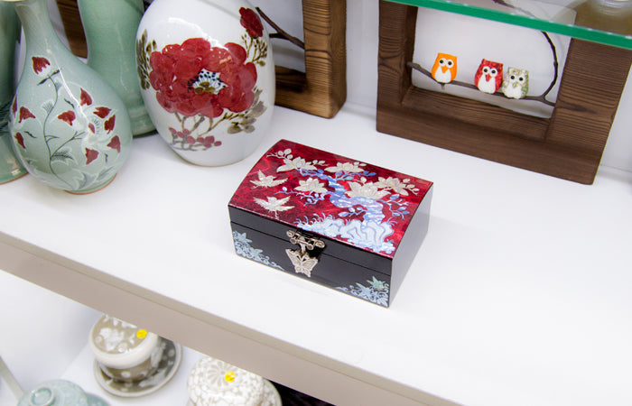 Hanji Base Jewelry Box (Magnolia, Pair of Crane Motif) - Red, Black, Blue, Purple