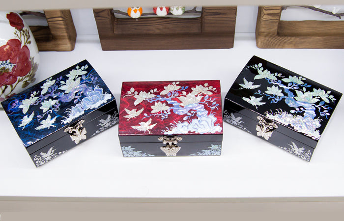 Hanji Base Jewelry Box (Magnolia, Pair of Crane Motif) - Red, Black, Blue, Purple