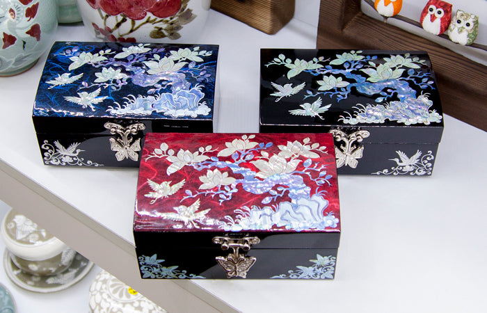 Hanji Base Jewelry Box (Magnolia, Pair of Crane Motif) - Red, Black, Blue, Purple