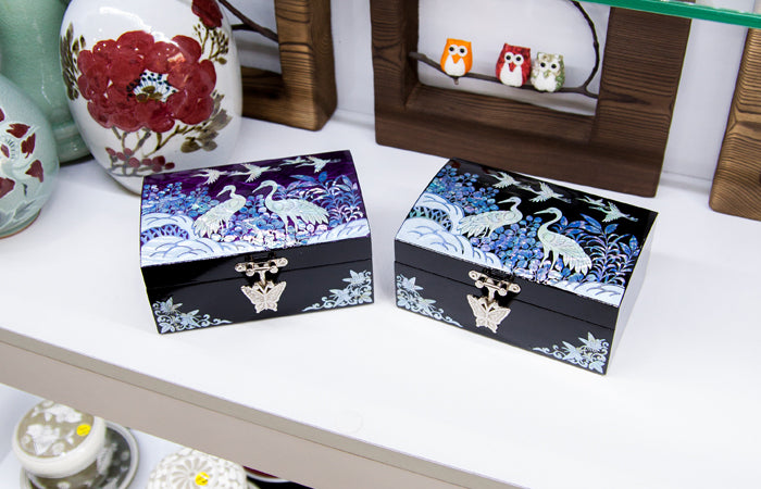 Hanji Base Jewelry Box (Magnolia, Pair of Crane Motif) - Red, Black, Blue, Purple