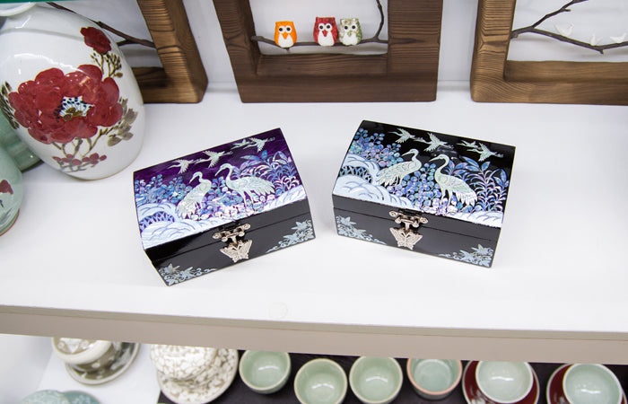 Hanji Base Jewelry Box (Magnolia, Pair of Crane Motif) - Red, Black, Blue, Purple