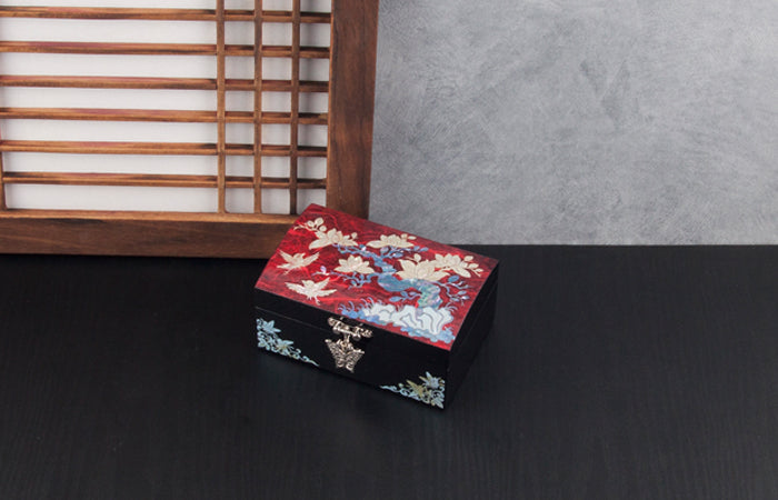 Hanji Base Jewelry Box (Magnolia, Pair of Crane Motif) - Red, Black, Blue, Purple