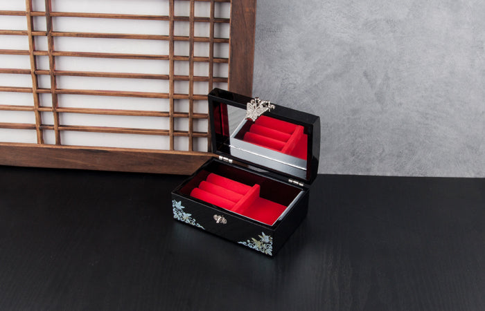 Hanji Base Jewelry Box (Magnolia, Pair of Crane Motif) - Red, Black, Blue, Purple