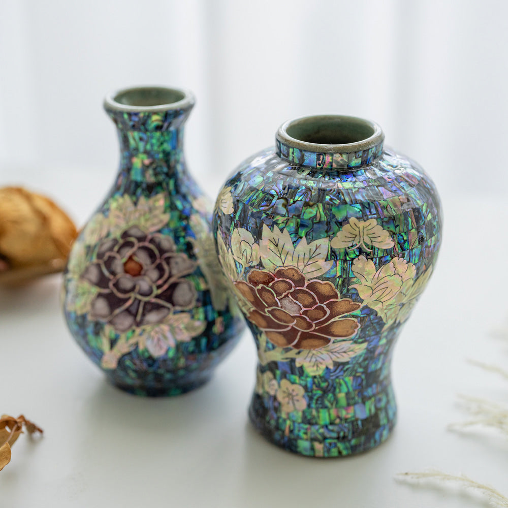 Premium Natural Mother-of-Pearl Celadon Maebyeong Vase with Peony Design