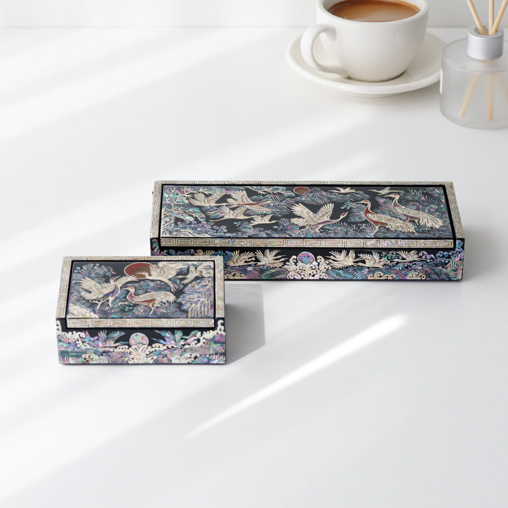 Premium 2-Piece Najeonchilgi Auto Open Crane and Pine Pen Box and Business Card Box