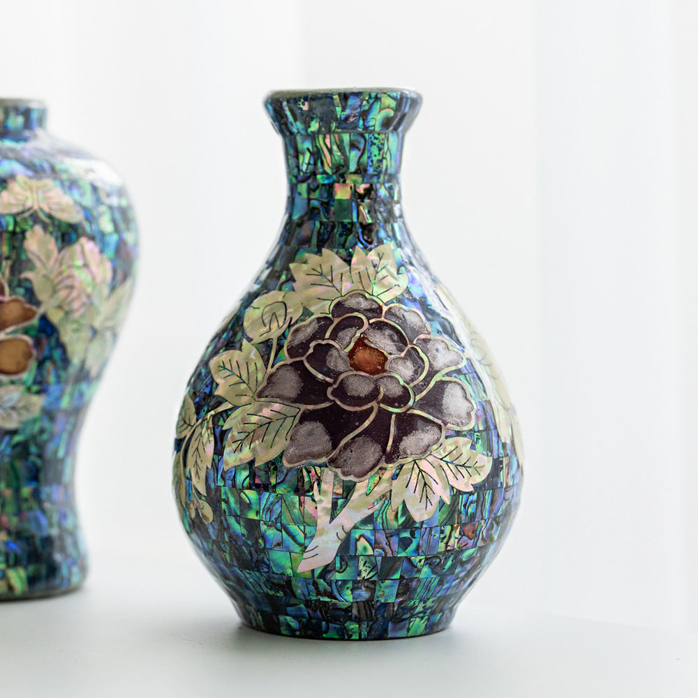 Premium Natural Mother-of-Pearl Celadon Maebyeong Vase with Peony Design