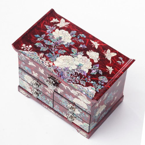 Peony Scholar 5-Drawer Mother of Pearl Jewelry Box Medium, red hanji – top view