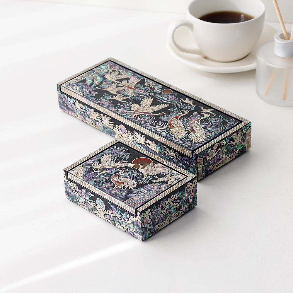 Premium 2-Piece Najeonchilgi Auto Open Crane and Pine Pen Box and Business Card Box