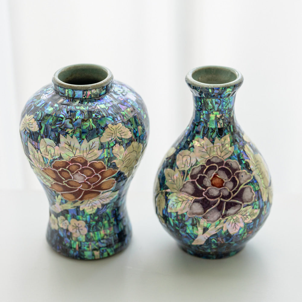 Premium Natural Mother-of-Pearl Celadon Maebyeong Vase with Peony Design