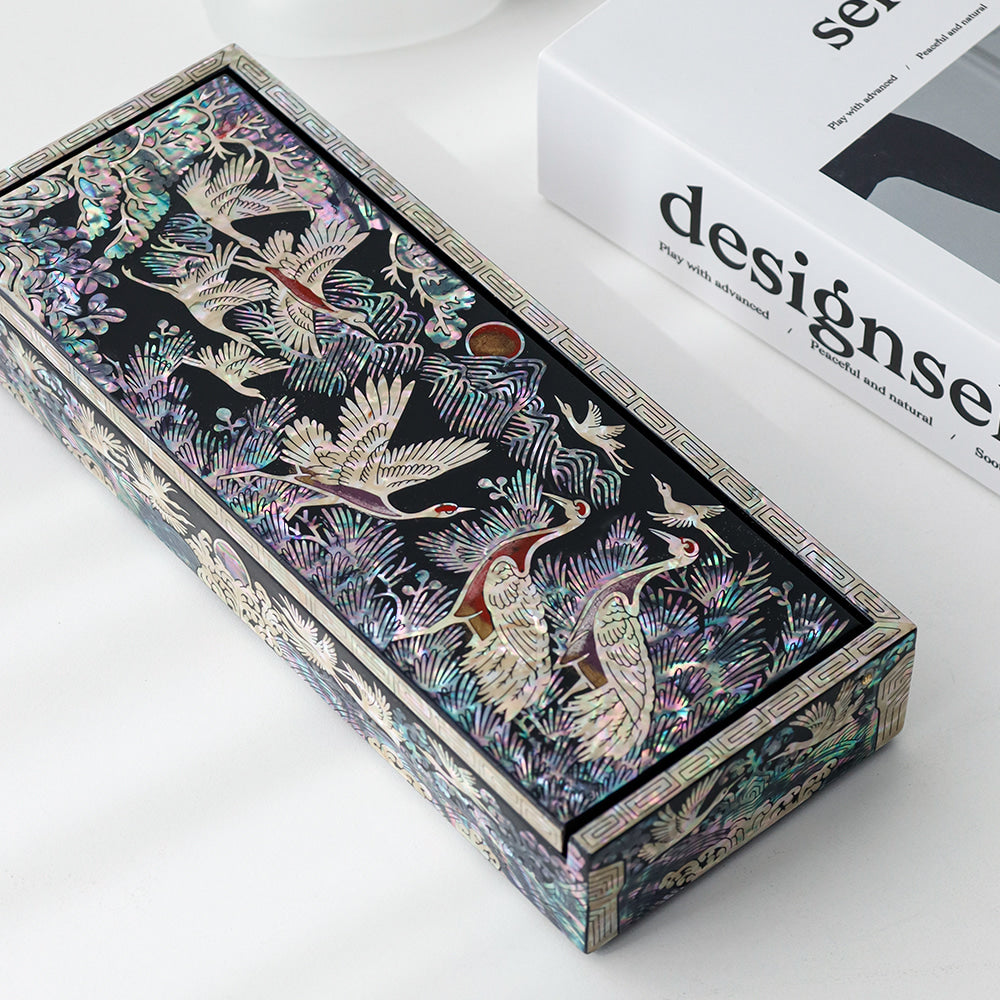 Premium Najeonchilgi Auto Open Crane and Pine Mother-of-Pearl Pen Box