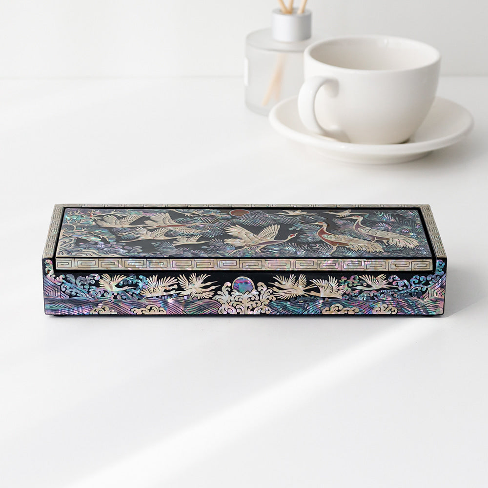 Premium Najeonchilgi Auto Open Crane and Pine Mother-of-Pearl Pen Box