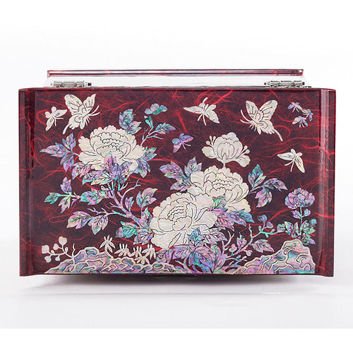 Peony Scholar 5-Drawer Mother of Pearl Jewelry Box Medium, red hanji – peony lid detail