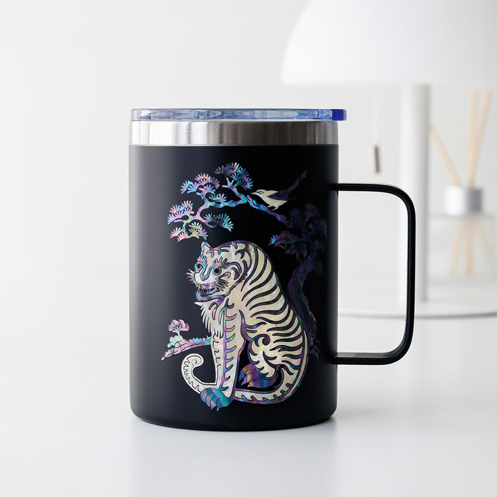 Najeonchilgi Stainless Steel Mug with Magpie and Tiger, 460 ml